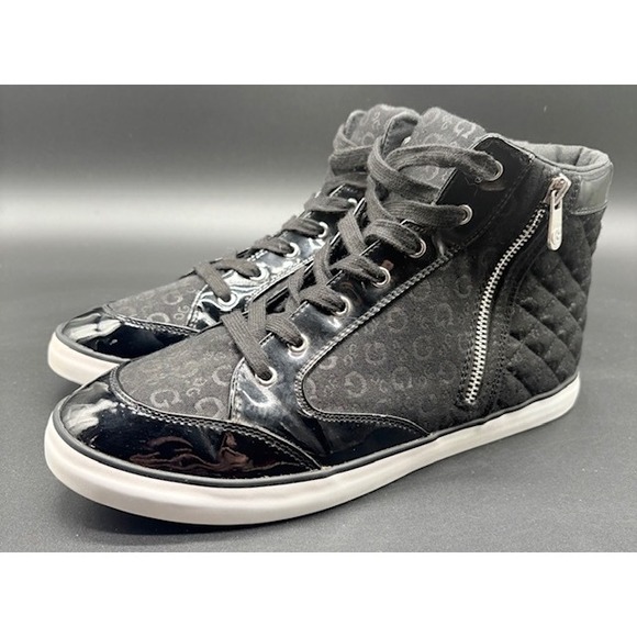 Guess High Top Sneakers Black Suede Quilted Side Zip Lace Pattern Mens size 11 - Picture 1 of 8